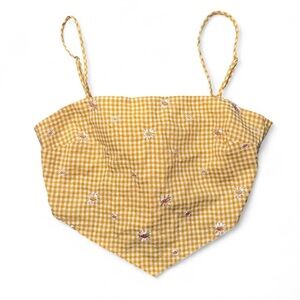Yellow Gingham Tie Back Crop Top With Embroidered Flowers Daisy Print